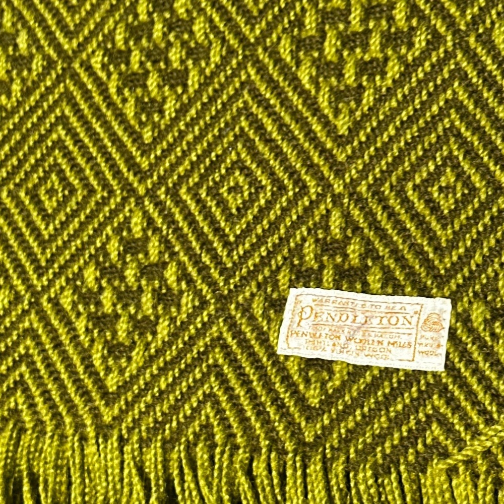 Vintage 60s Pendleton Wool Blanket Olive Green Diamond Geometric 71x52 Throw